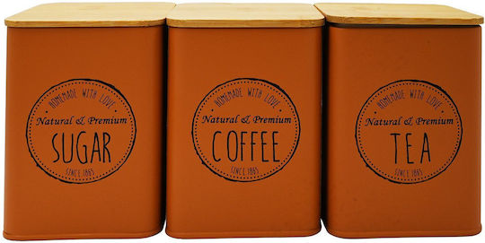 Set of 3 Metallic Jars Coffee – Sugar – Tea 10x10x13 Bamboo Lids Sidirela Orange E-0038-2