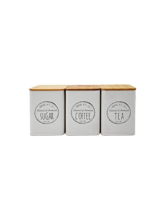 Set of 3 Metallic Jars Coffee Sugar Tea 10x10x13 Bamboo Lids Sidirela Creme E-0038-4