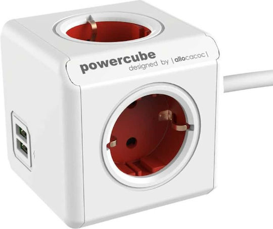 DesignNest PowerCube 4 Θέσεων με 2 USB-A και Καλώδιο 1.5m Κόκκινο