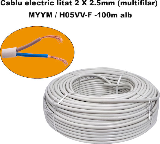 Cablu Electric Multifilar 2 X 2.5mm Myym H05vv-f Rola 100 Metri Alb