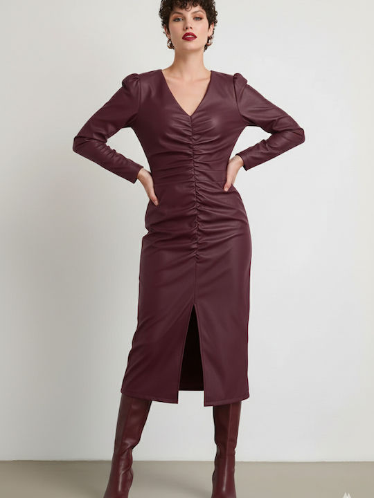Midi Evening Dress Leather with Slit Burgundy