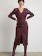 Midi Evening Dress Leather with Slit Burgundy