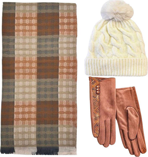 Frauen Set mit Beanie Gestrickt in Braun Farbe