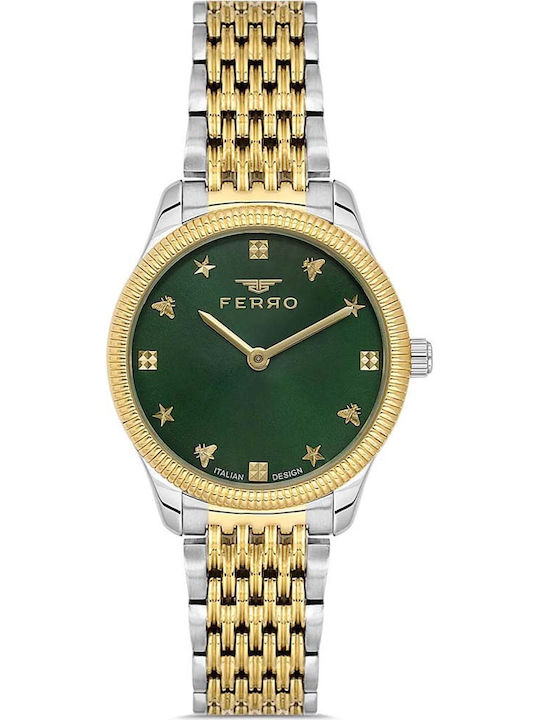 Ferro Herrenuhr Batterie mit Grün Metallarmband