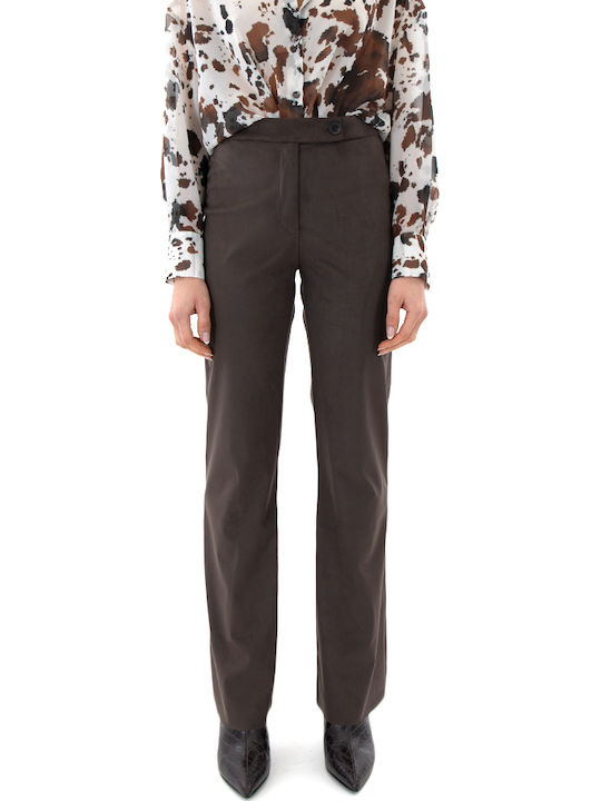 Women's Fabric Trousers Flared with Elastic Grey-Brown