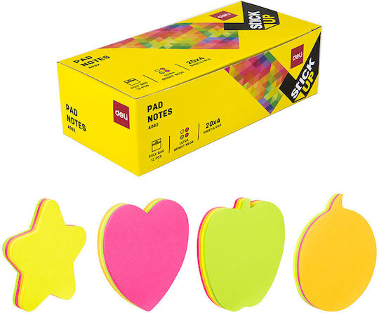 Deli Display 12 Pieces Memo Pads Stickers Shapes 4 Designs 80 Sheets 76x76mm Stick Up