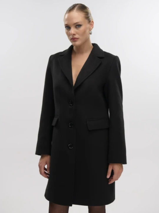 Women's Black Peacoat with Buttons
