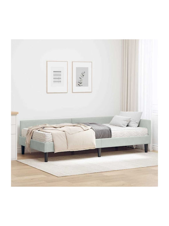 Pat Single Tapițat cu Catifea Gri Deschis cu Plăci și Saltea 94x190cm