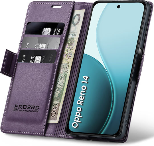 Husă Oppo Reno 14 Erbord Glossy Litchi Tip Portofel Rabatabil Mov