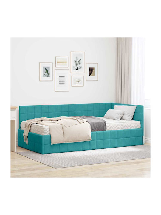 Single Bed Upholstered with Velvet Turquoise Velvet with Slats and Mattress 100x200cm