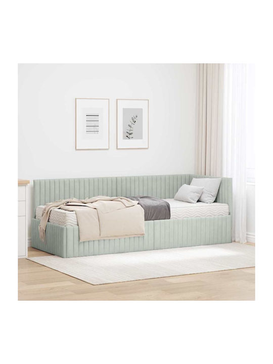 Pat Single Tapițat cu Catifea Gri Deschis cu Plăci și Saltea 80x200cm