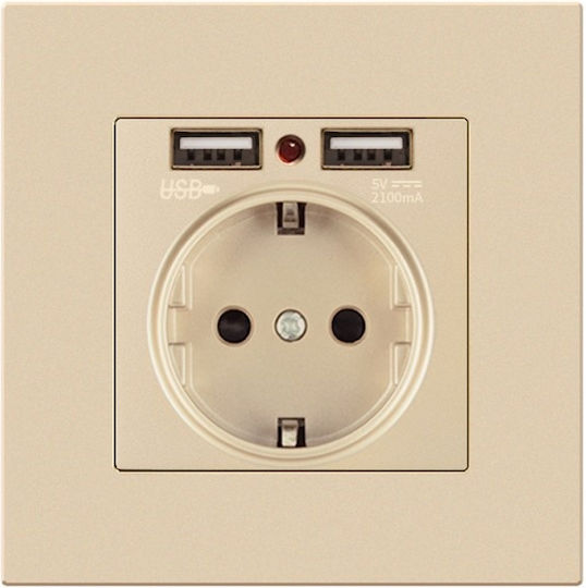 Priză Electrică cu 2 Porturi Usb Ts-pc 110-250v 16a Ignifugă 86x86mm Aurie