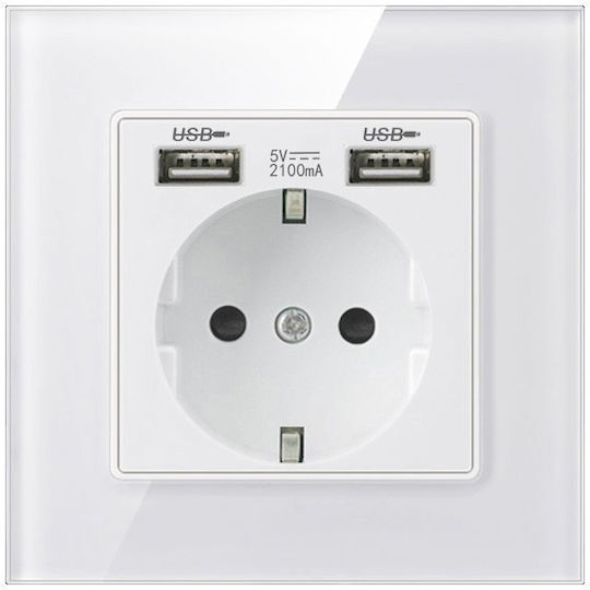 Priză Crystal Tsu1 Simplă 2 X Usb 2.1a Culoare Alb Înghețat Sticlă Temperată 16a