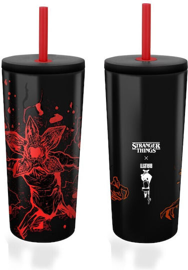 Bialetti Ποτήρι Θερμός Ανοξείδωτο 600ml Καλαμάκι Strainger Things Μαύρη Ανοξείδωτη με Καλαμάκι
