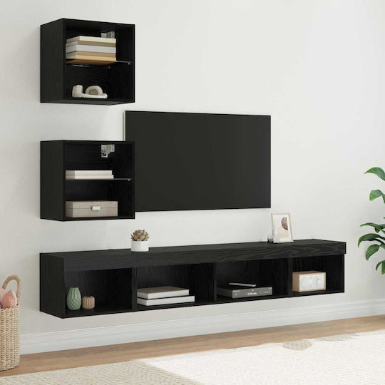 Living Room TV Unit with Showcase & Lighting Black Beech L100xW30xH30cm