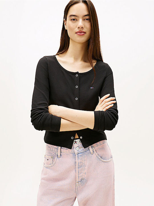 Tommy Hilfiger Tjw Κοντή Γυναικεία Πλεκτή Ζακέτα σε Μαύρο Χρώμα