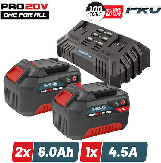 Bormann Pro Σετ 2 Μπαταριών Εργαλείου Λιθίου 20V Χωρητικότητας 6Ah με Φορτιστή Bbp9966