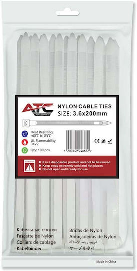 ATC Kabelbinder Kunststoff 200mmx3.6mm in Weiß Farbe (100 Stück) (20.007.0019)