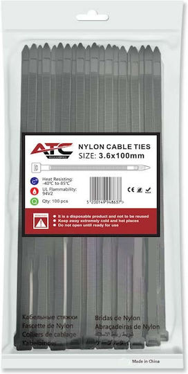 ATC Δεματικά Καλωδίων Πλαστικά 100mmx3.6mm σε Μαύρο χρώμα (100τμχ) (20.007.0014)