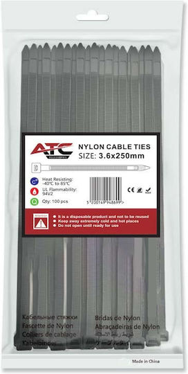 ATC Δεματικά Καλωδίων Πλαστικά 250mmx3.6mm σε Μαύρο χρώμα (100τμχ) (20.007.0020)