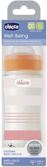 Chicco Glass Baby Bottle Well Being Anti-Colic with Silicone Nipple for 0+, 0+ m, months Pink 240ml