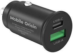 Mobile Origin Φορτιστής Αυτοκινήτου με Θύρες 1xUSB-A 1xType-C