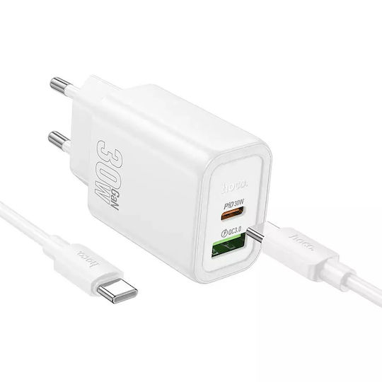 Hoco Charger with USB-A Port and USB-C Port and Cable USB-C - USB-C 30W Power Delivery / Quick Charge 3.0 Whites (N63)