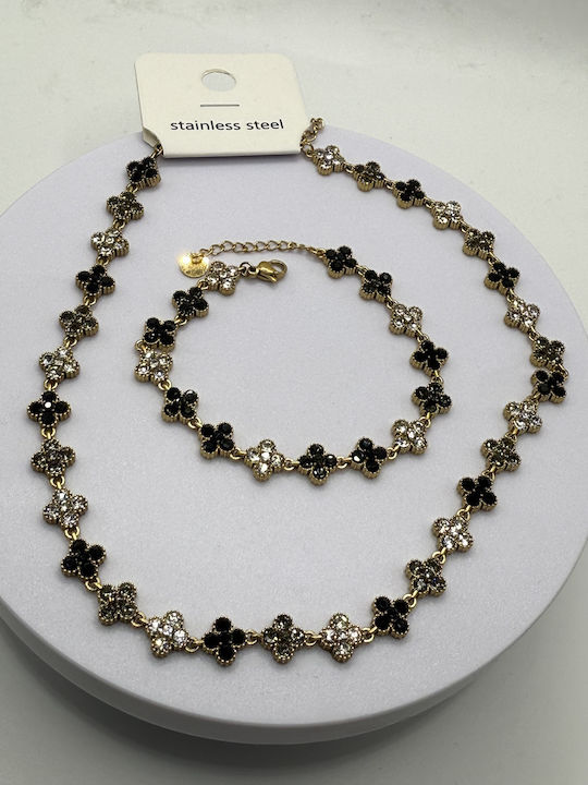 Elemar Set mit Halskette & Armband aus Stahl mit Steinen