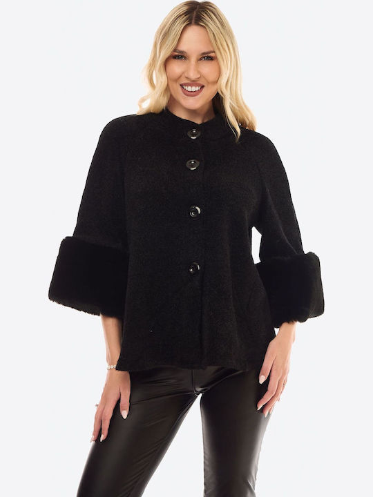 Women's Black Coat with Fur Details