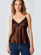 Women's Satin Lingerie Top with Lace Cognac Brown