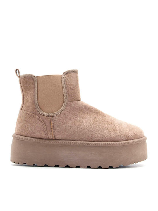 Plato Suede Γυναικεία Μποτάκια με Γούνα Καφέ