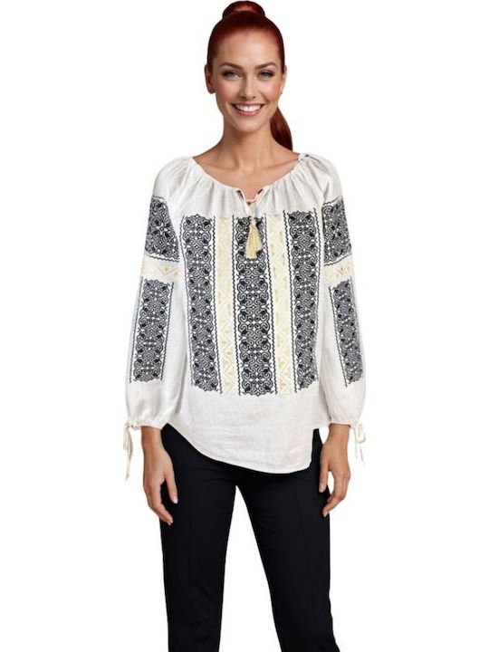 Bluza Damă Bumbac Mânecă Lungă Alb/Auriu