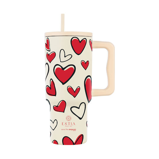 Estia Straw Tumbler XL Save the Aegean Ανακυκλώσιμο Handled Tumbler Θερμός Ανοξείδωτο BPA Free 900ml Red Valentine με Καλαμάκι και Λαβή