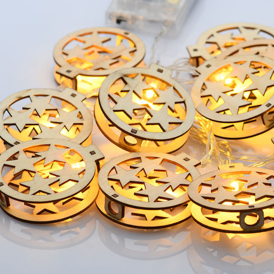 Wooden Christmas Motifs Round Star 10 LED String Battery 3xAA with Timer 6on/18off