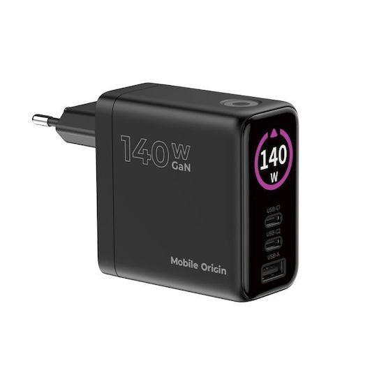 Mobile Origin Φορτιστής GaN με Θύρα USB-A και 2 Θύρες USB-C 140W Power Delivery Μαύρος (PW21)