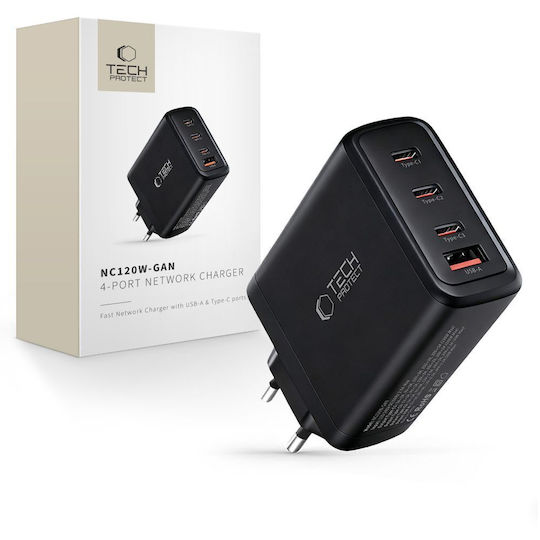 Tech-Protect Charger Without Cable GaN with USB-A Port and 3 USB-C Ports 120W Power Delivery / Quick Charge 3.0 Blacks (NC120W-GAN)