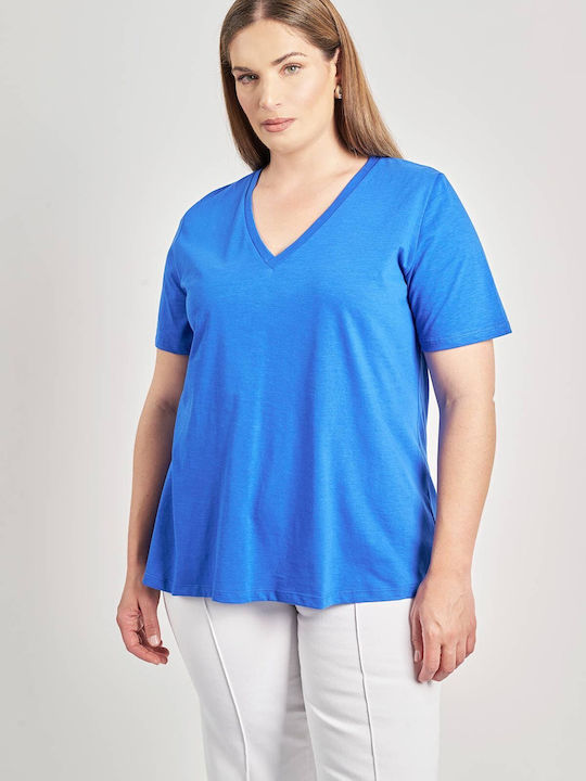Bluza Damă Bumbac Mâneci Scurte cu Decolteu în V Albastră