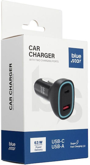 Blue Star Auto-Ladegerät 63W 3A Schnellladen mit Anschlüssen: 1xUSB 1xType-C Schwarz Farbe
