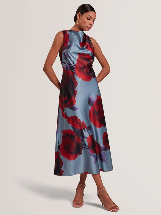 Summer Midi Dress for Wedding Christening Drape Satin Lt-Blue 282436-Lt-Blue