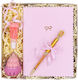 Set Cadou Sunrise Femei Luciu de Buze Pix Auriu Coroană 1 Burețel de Machiaj + Suport Protector Caiet Roz A5 Fundă Ideal Un Cadou Memorabil 25x25x10cm