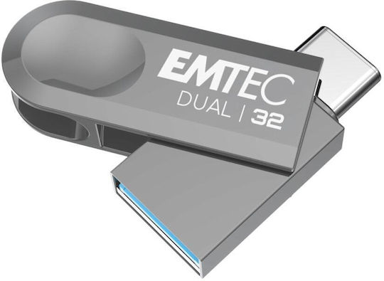 Памет 32GB USB Флашка Emtec D280 Dual USB 3.2 Тип A F + USB Тип C M Сива