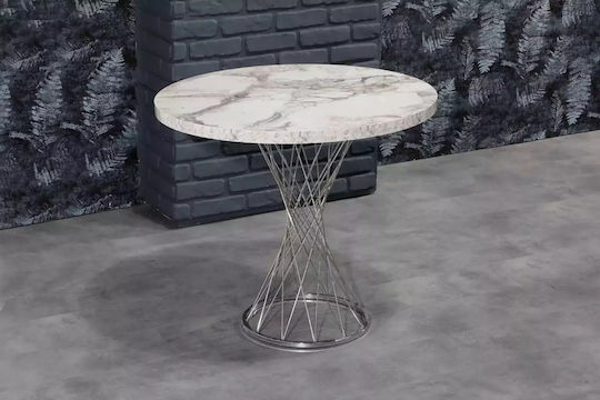 Masă Rotundă Pentru Sala De Mese Albă Din Marmură Cu Bază Argintie 90x90cm Masă Rotundă Pentru Sala De Mese Albă Din Marmură Cu Bază Argintie 90x90cm