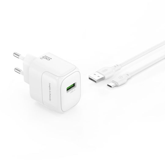 XO с USB-A порт и кабел micro USB 18W Quick Charge 3.0 Бял (L135)