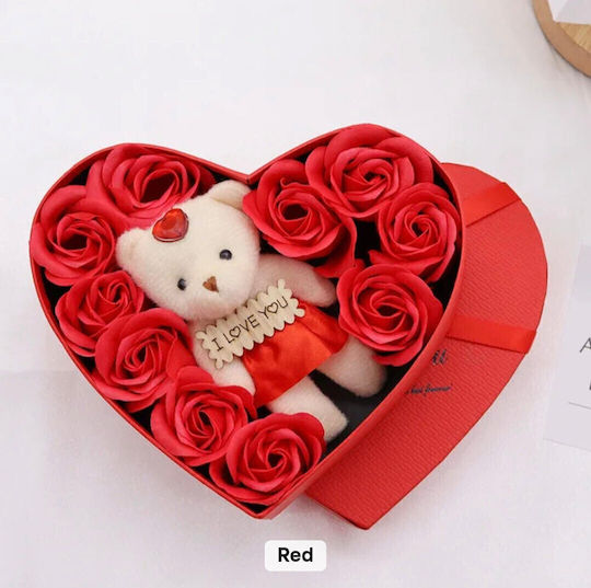 Geschenkbox Herz Rot Bärchen 10 Dekorative Rosen 17x15,5cm