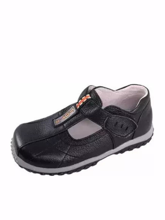 Kids Leather Ballerinas with Hoop & Loop Closure Black