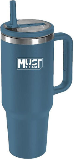 Must Team Glass Thermos Stainless Steel 900ml Blue with Straw