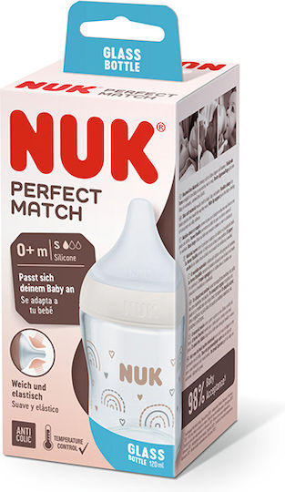 Nuk Стъклено Бебешко Шише Perfect Match Против Колики със Силиконов Биберон за 0-6 месеци White 120мл