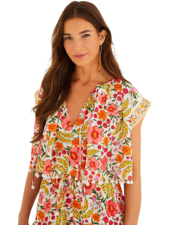 Women's Blouse Short Sleeve Floral Off-white