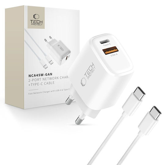 Tech-Protect Φορτιστής GaN με Θύρα USB-A και Θύρα USB-C και Καλώδιο USB-C - USB-C 45W Power Delivery / Quick Charge 3.0 Λευκός (NCA45W)