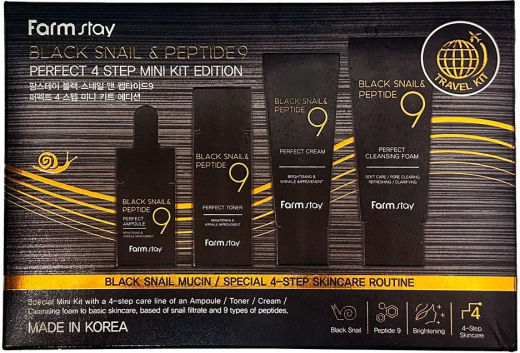 Farm Stay Black Snail & Peptide 9 Perfect 4 Step Mini Kit Edition Комплект за грижа за кожата за Против стареене, Хидратация & Блясък 4бр